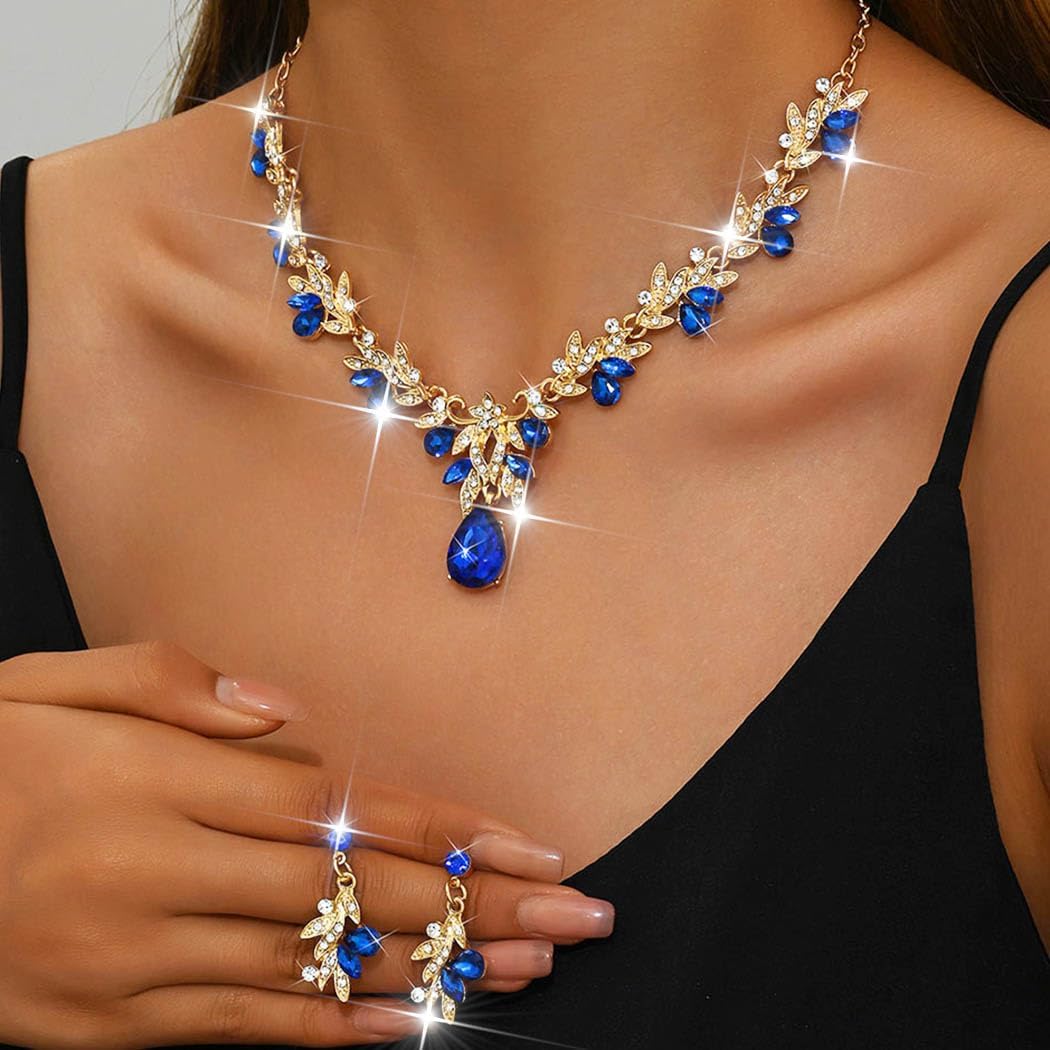 Unicra Rhinestone Bridal Wedding Jewelry Sets Gold Necklace Earrings Set Leaf Prom Formal Costume Jewelry Set for Women and Brides - Image 7