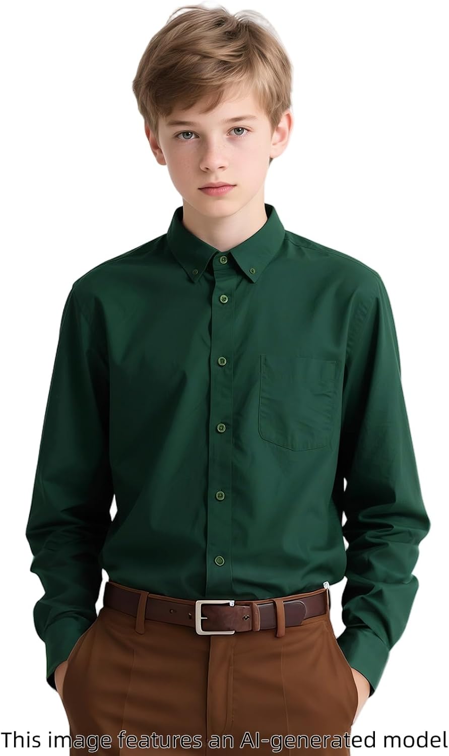 A&J DESIGN 8-16Y Boys Button Down Long Sleeve Dress Shirt Kids Formal Easter Uniform Solid Collared Shirt with Chest Pocket