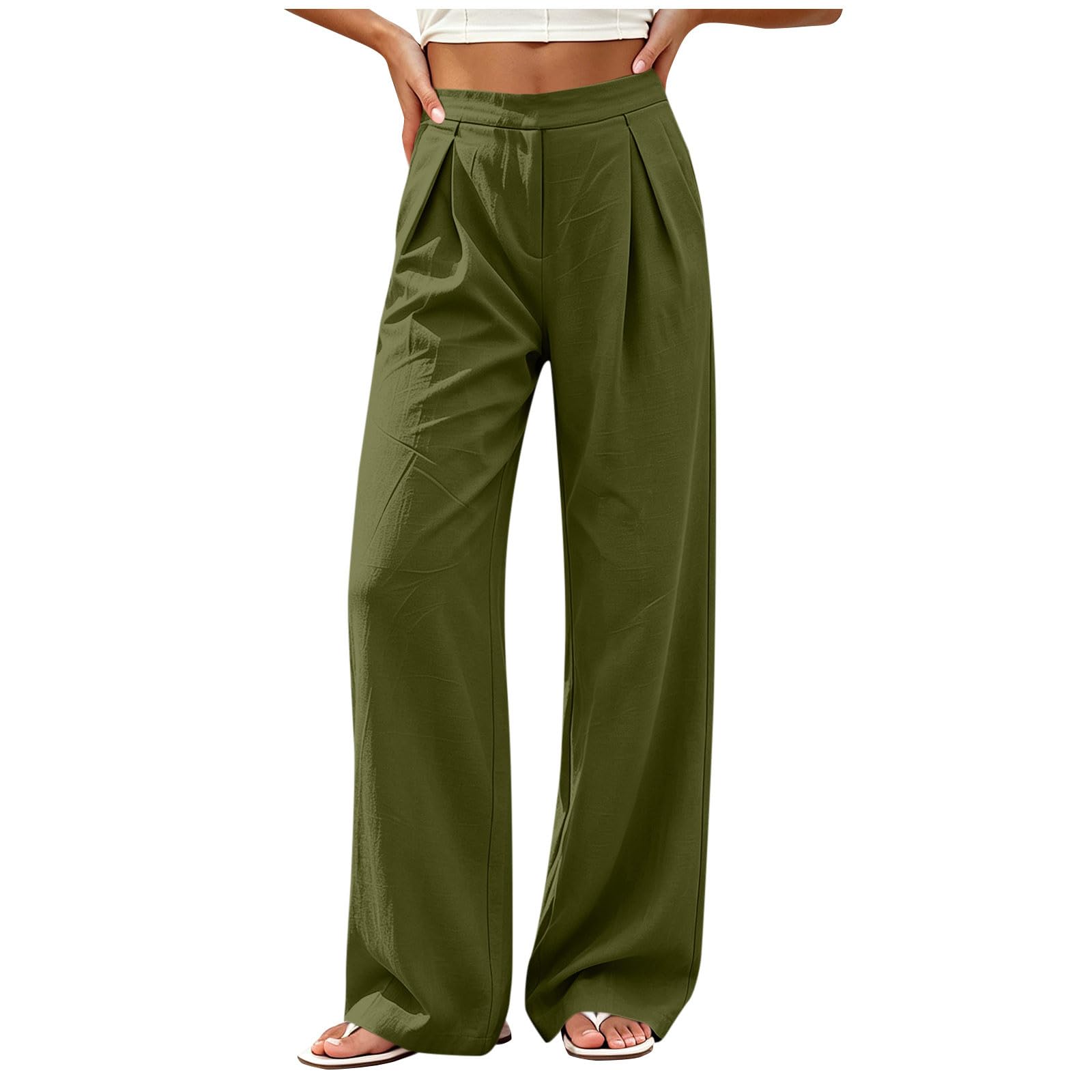 Générique Pantalon Fluide À Taille Haute pour Femme avec Poches Et Fermeture - Pantalons Large Style Athleisure, Coupe Droite, Idéal comme Pantalon Décontracté pour Les Sorties D'Été