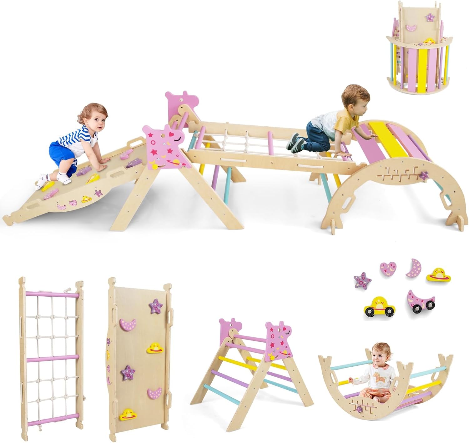 Costzon Pikler Triangle Set, 9-in-1 Foldable Baby Climbing Toys, Wood Montessori Climbing Set for Learning and Motor Skills, Indoor Playground Jungle Gym for Toddlers 3+ Climber Gifts (Pink)