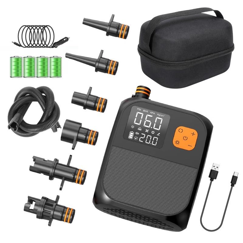 Rechargeable Electric Paddle Board Pump, 25PSI with LED Flashlight, 8000mAh Battery & 12V Car Adapter, Portable Air Pump for Quick Inflation of Paddle Boards, Kayaks, and Tents