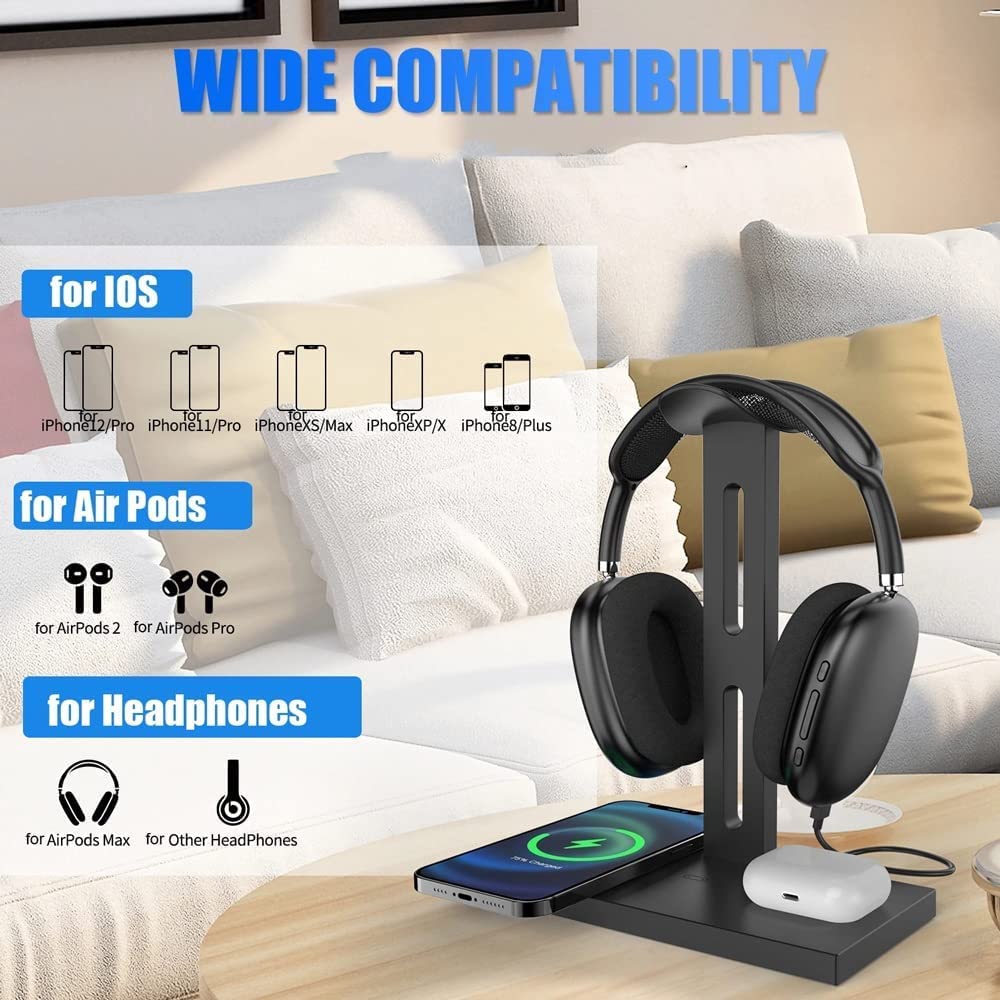 Soporte Soporte para Auriculares 3 En 1 Universal para con Puerto USB Tipo C Compatible Carga Inalámbrica Auriculares