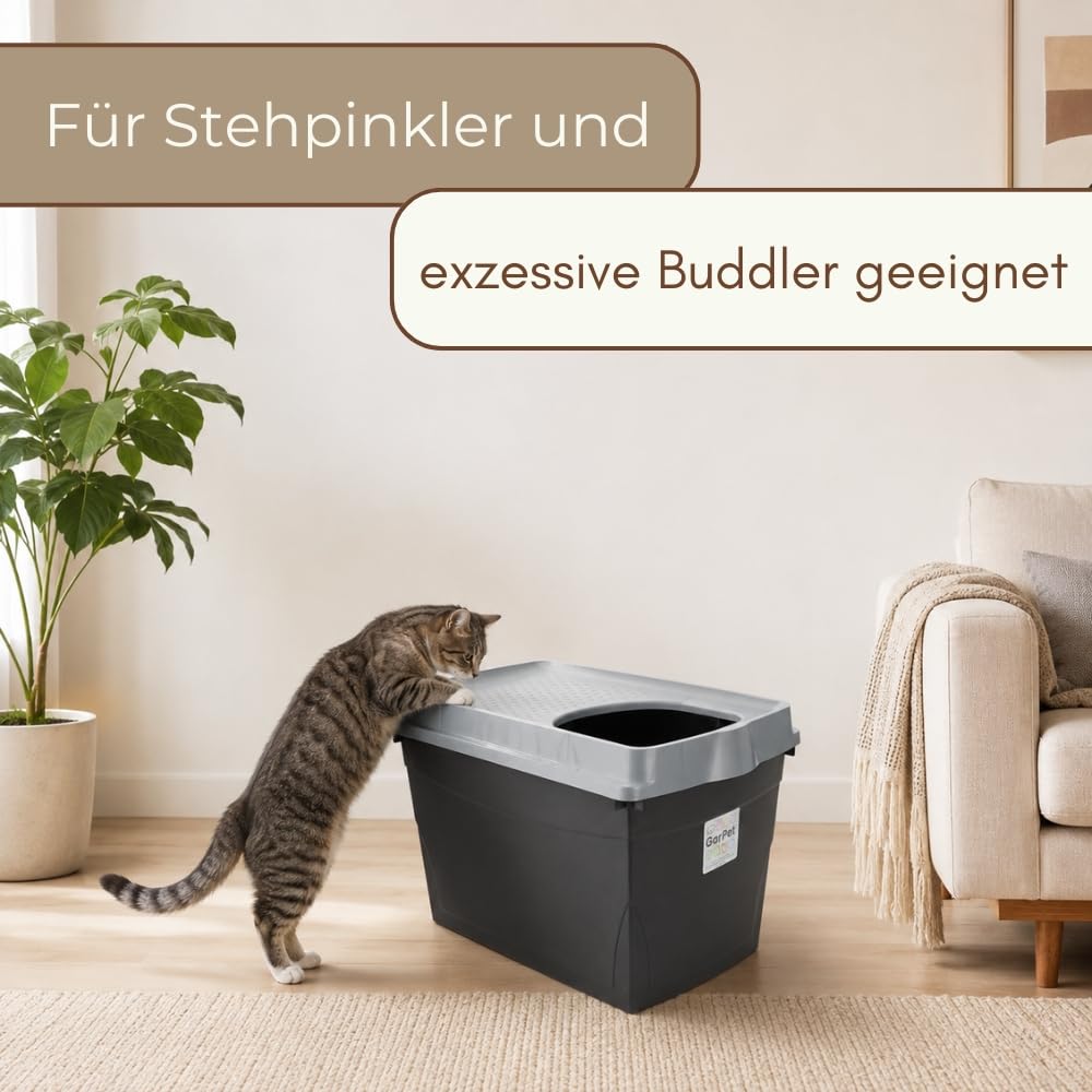 Hop In Katzenklo XXL Katzentoilette Geschlossen mit Deckel Katze Klo Top Entry Katzen WC Jump-In Katzentoiletten Einstieg Oben für große Katzen Haubentoilette Schwarz