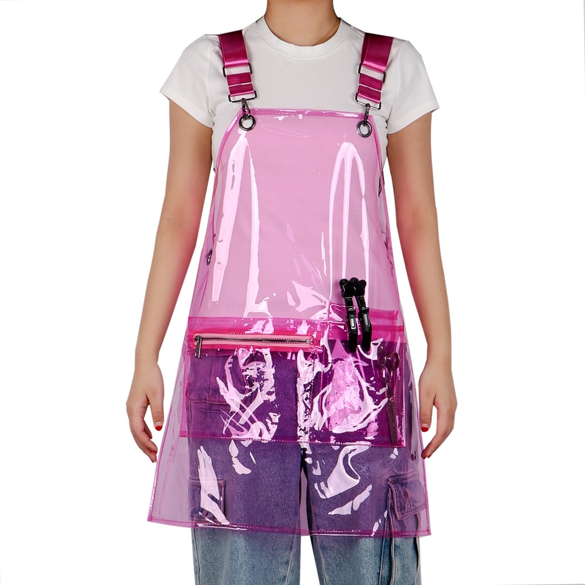 MIKI WELL Updated Hair Stylist Apron,Preventing Hair Pockets- Waterproof Transparent Salon Apron,Multi-pocket with zipper
