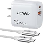 BENFEI USB C Chargeur, 20W GaN Chargeur mural compatible avec iPhone 16/16 Pro/Pro Max/iPad Pro avec 60W 3ft USB-C câble