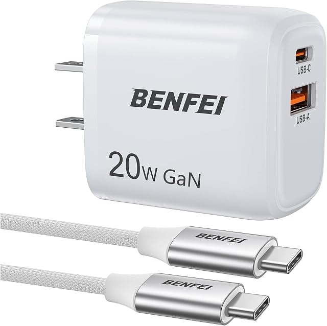 BENFEI USB C Chargeur, 20W GaN Chargeur mural compatible avec iPhone 16/16 Pro/Pro Max/iPad Pro avec 60W 3ft USB-C câble