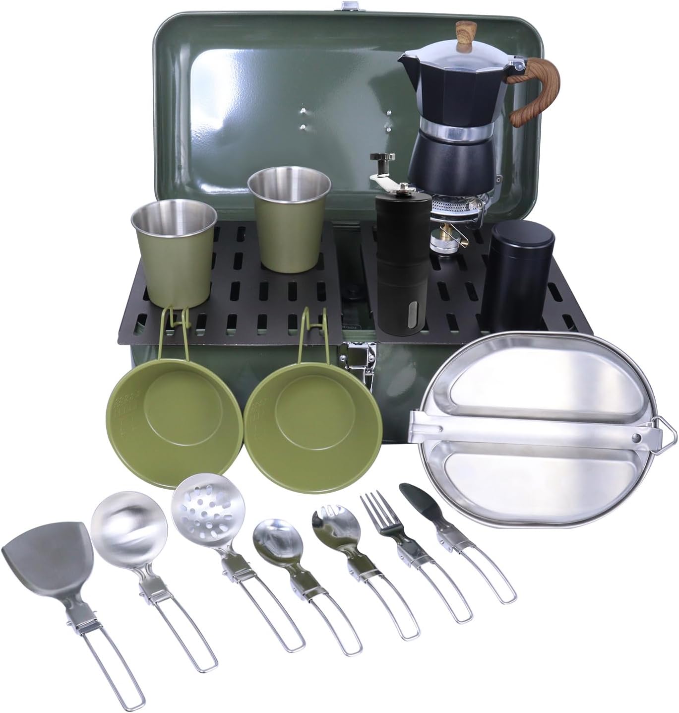 Outdoor Camping Pour Over Coffee Set with Moka Pot, Plates, Cups, Spoon (Wooden Board)