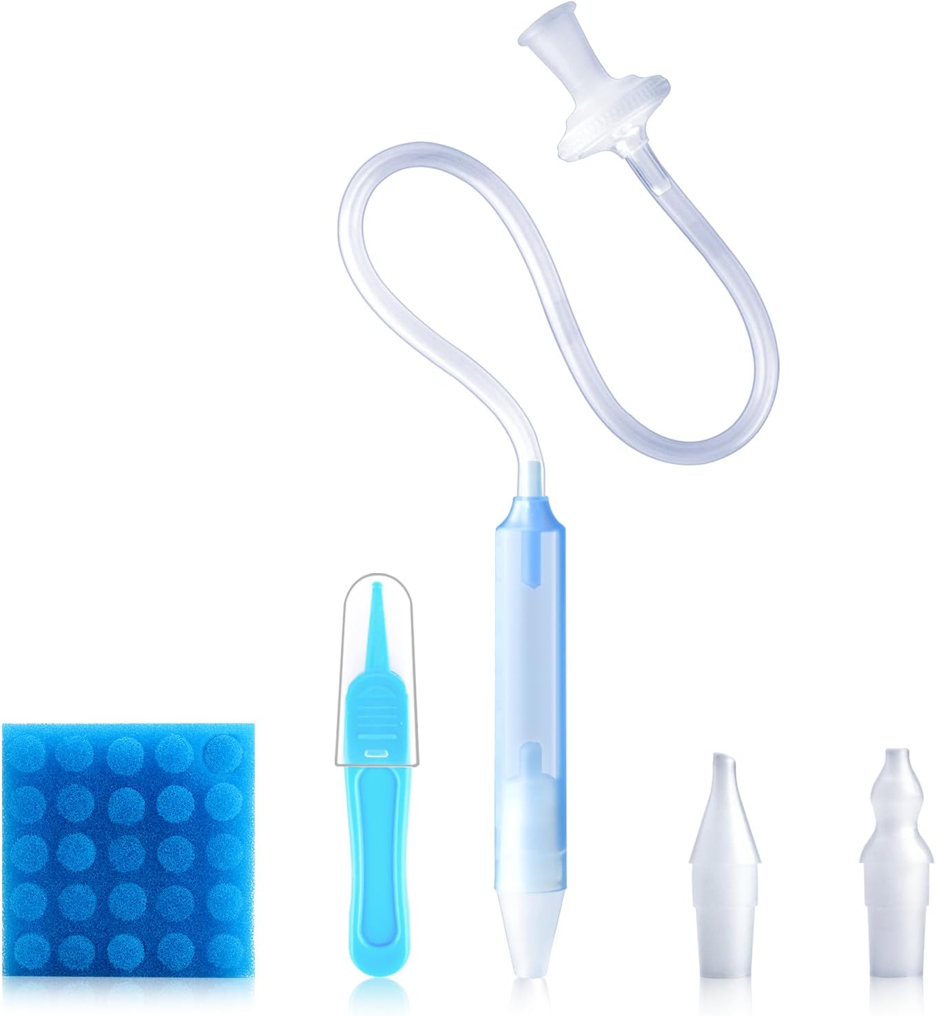 Baby Nasal Aspirator Mouth Suction Nasal Congestion Relief with 2 Silicone Tips with Nose Cleaning Tweezer White BNA+BT