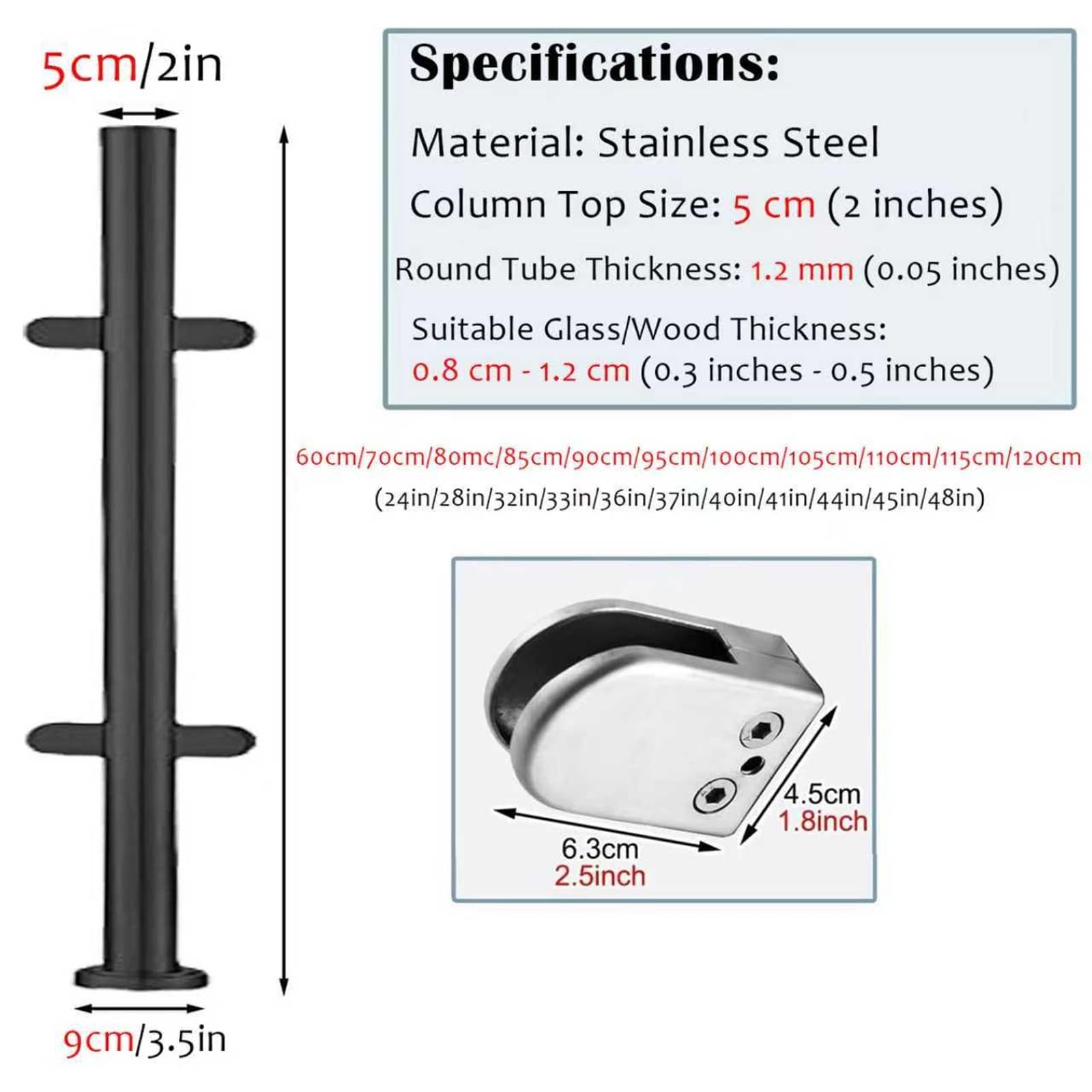 Colonna angolare in acciaio inossidabile 304 con fessure in vetro e finitura dorata e argentata, 60 cm di altezza, per supporto per balconi in vetro