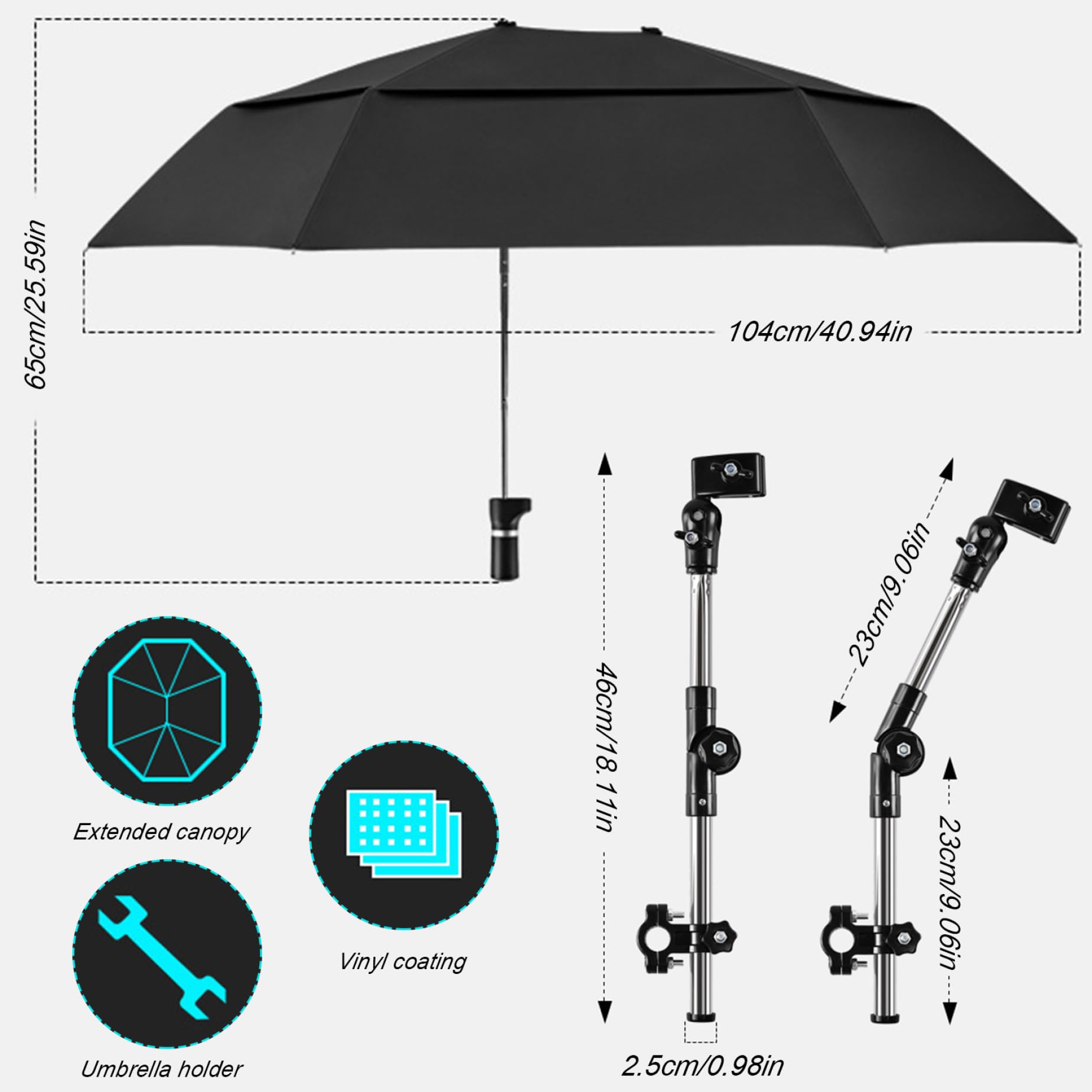Parapluie de chaise avec une pince réglable, un parapluie de fauteuil roulant de la pluie / UV, 40,9 parasol à double côte étendu pour le landau, la poussette, le vélo, les chaises de plage, le gradi