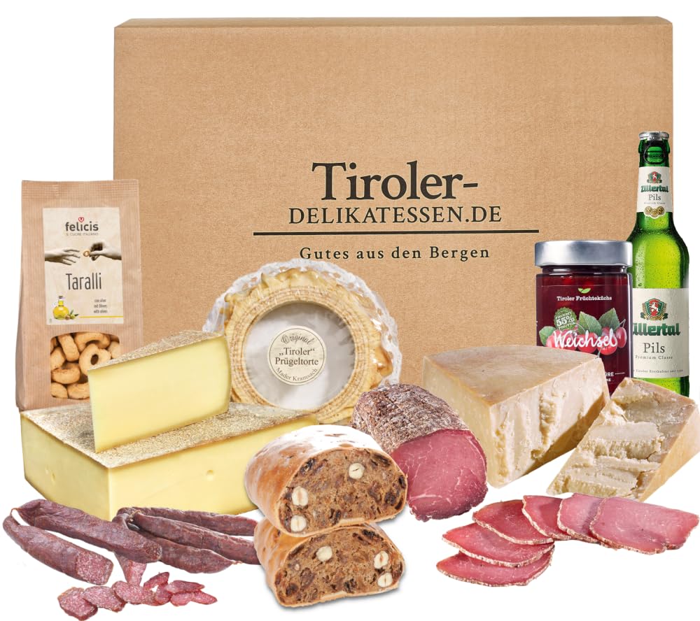 Almgourmet - Geschenkpaket "Feinschmecker" - mit 10 Tiroler Köstlichkeiten - u.a. Bergkäse, Speck, Wurzen und feinem Bier