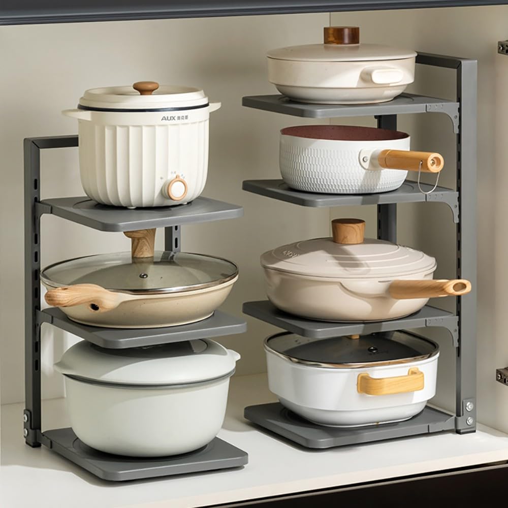 Organizador de sartenes ajustable para ollas y sartenes, organizador de cocina de 4 niveles, ideal para encimera de cocina y almacenamiento de gabinetes