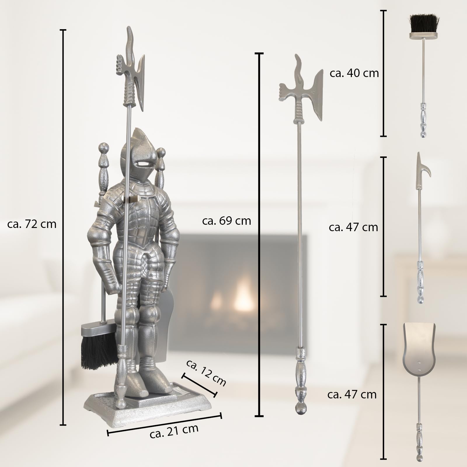 TRUTZHOLM Kamingarnitur Kaminbesteck Ritter Kaminset Ofenbesteck schwarz oder silber 4-tlg Schaufel, Besen, 1x Schürhaken, 1x Hellebarde Gusseisen (Silber)