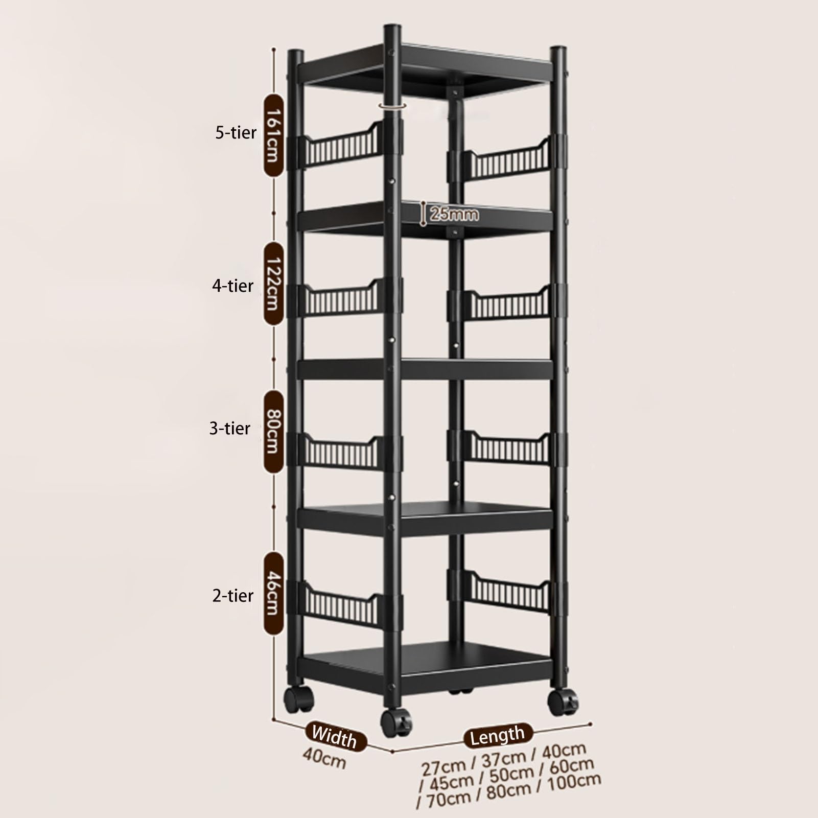 Adjuble - Carrello multiuso a 3/4/5 ripiani, in acciaio, con ripiani per cucina ed elettrodomestici, design salvaspazio (45 x 40 x 80 cm), versatile per casa e ufficio