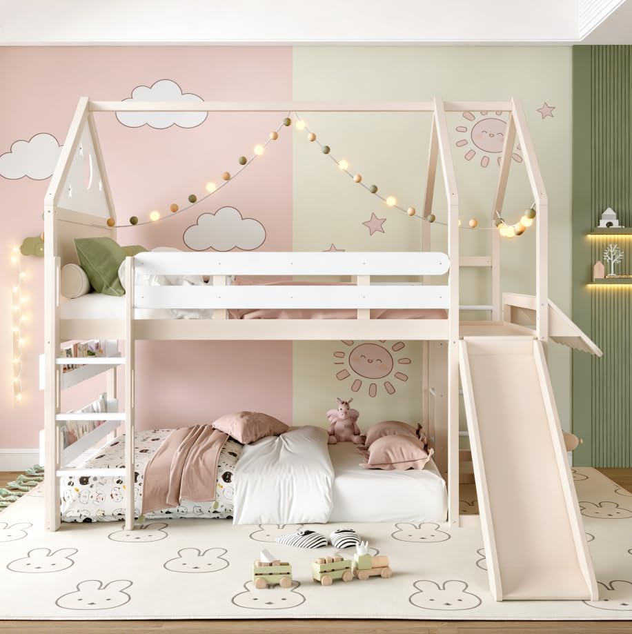 Image of Bellemave Bunk beds Full Over Full with Slide and Stair and Bookshelf Playful Design, Low bunk /loft Bed for Kids，Beige