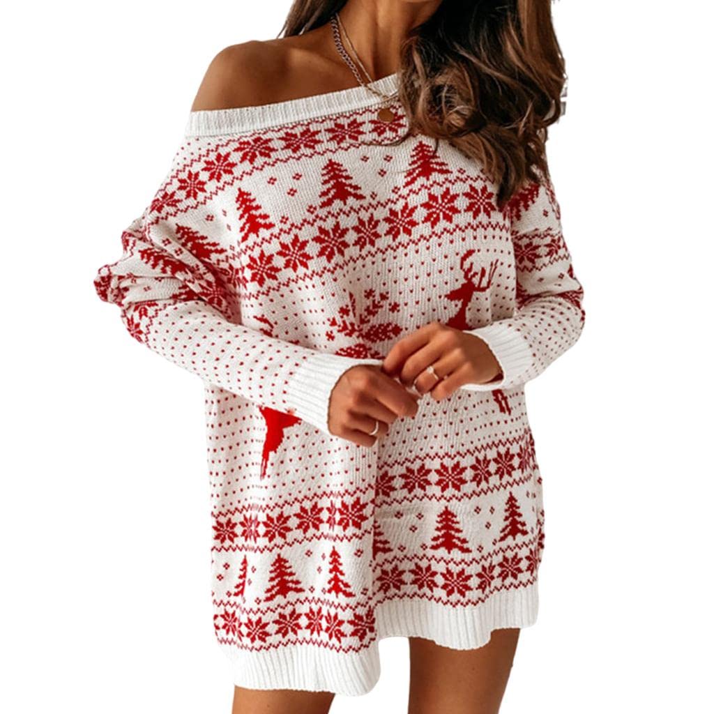 ecomistiq Off Shoulder Sweater Dress Knitting Pullover for Party Holiday White M-picture-48