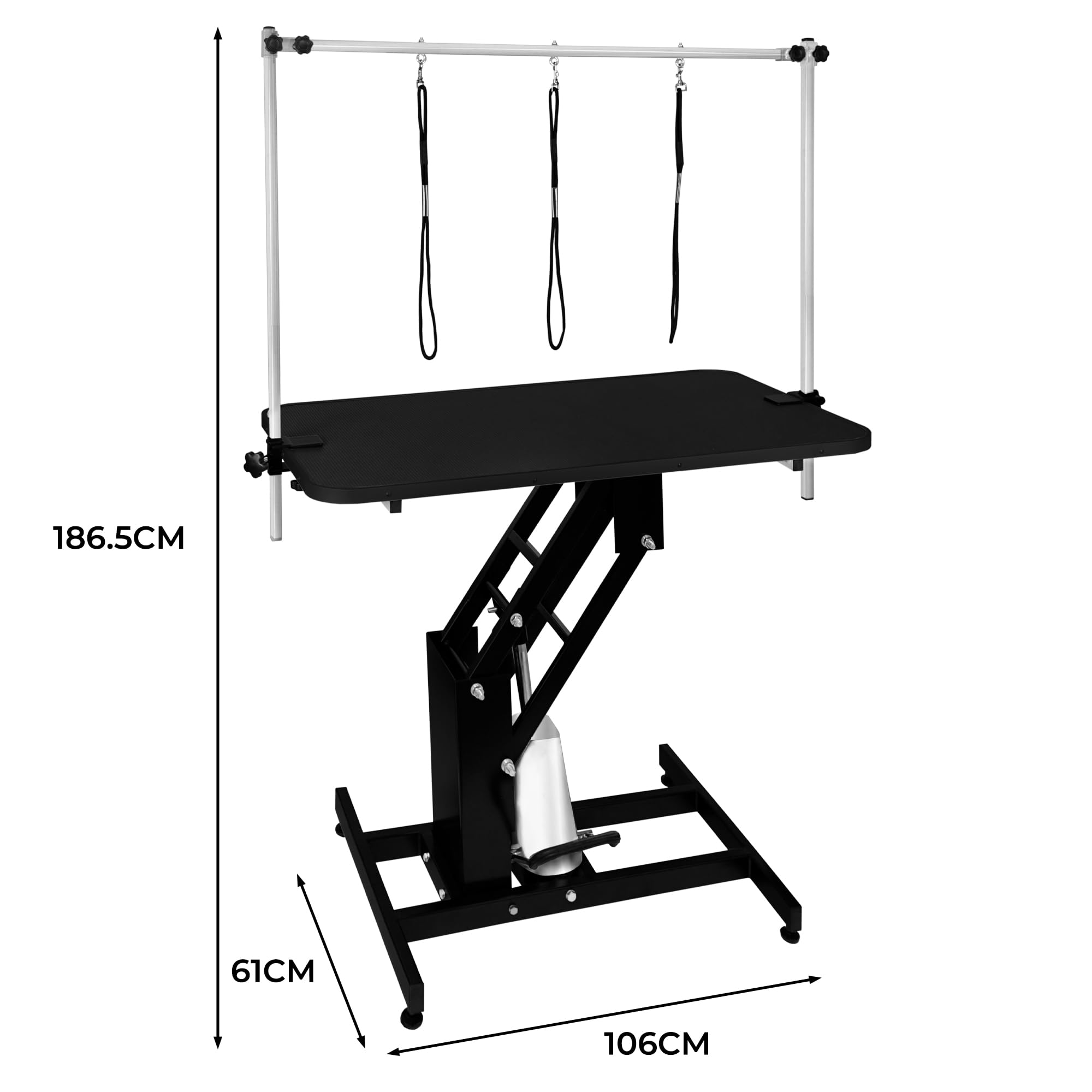 Mesa de Aseo Hidráulica Altura Ajustable Capacidad de 180kg Amplia Superficie de Goma 106cm x 61cm Resistente Estructura de Acero 4 Patas Estables Adaptables 3 Lazos para Sujeción [Negro]