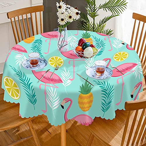 Aoyego Flamingo Pink Table Cloth Pineapples Lemon Tropical Leaves Exotic Summer Round Tablecloth 60 Inch For Dining Room, Party, Banquet #TOP2