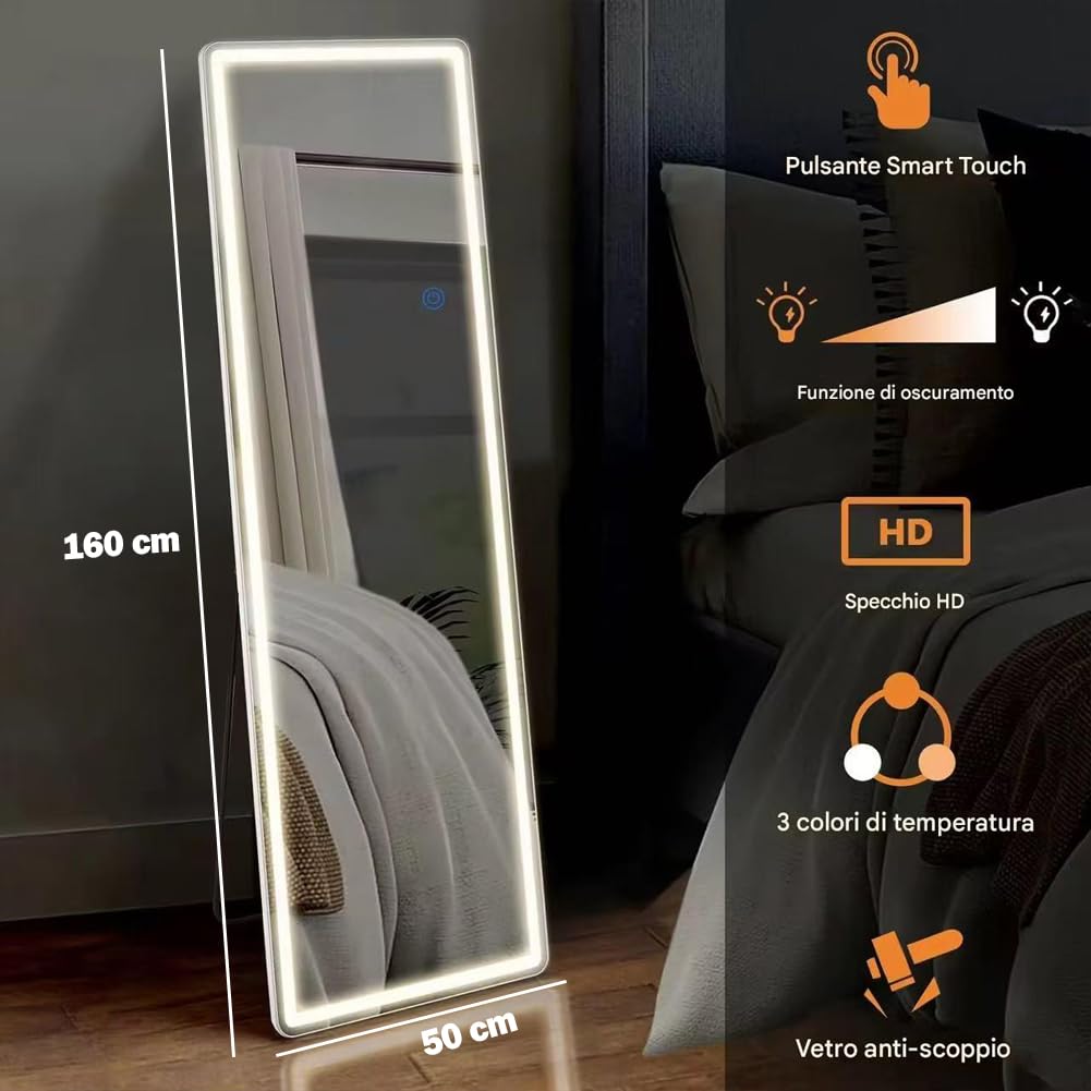Shally Dogan Specchio da Terra Figura Intera con Luci Led e Pulsante Touch, Stand da Pavimento Struttura Alluminio Resistente con Illuminazione Dimmerabile Bianco Freddo, Caldo e Naturale, 160 x 50 cm