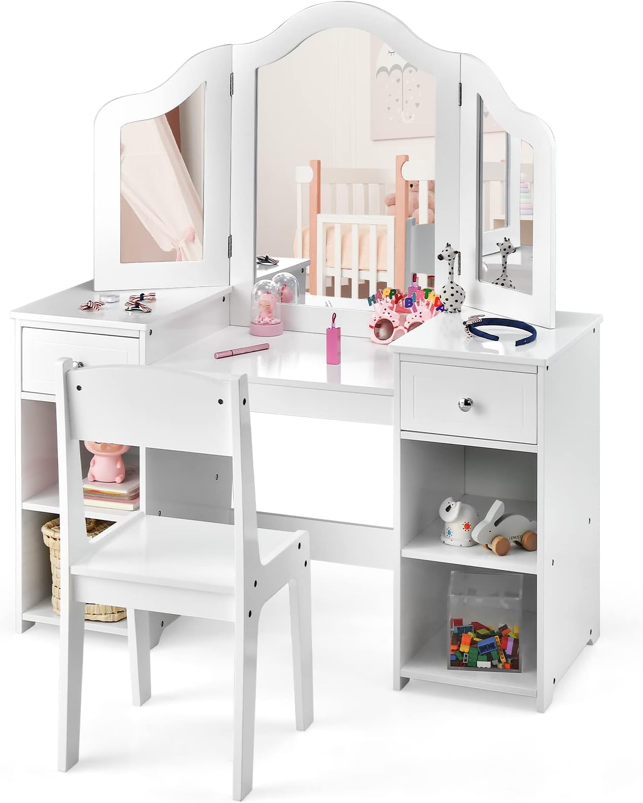 2 in 1 Kids Vanity Set, Princess Makeup Table and Chair