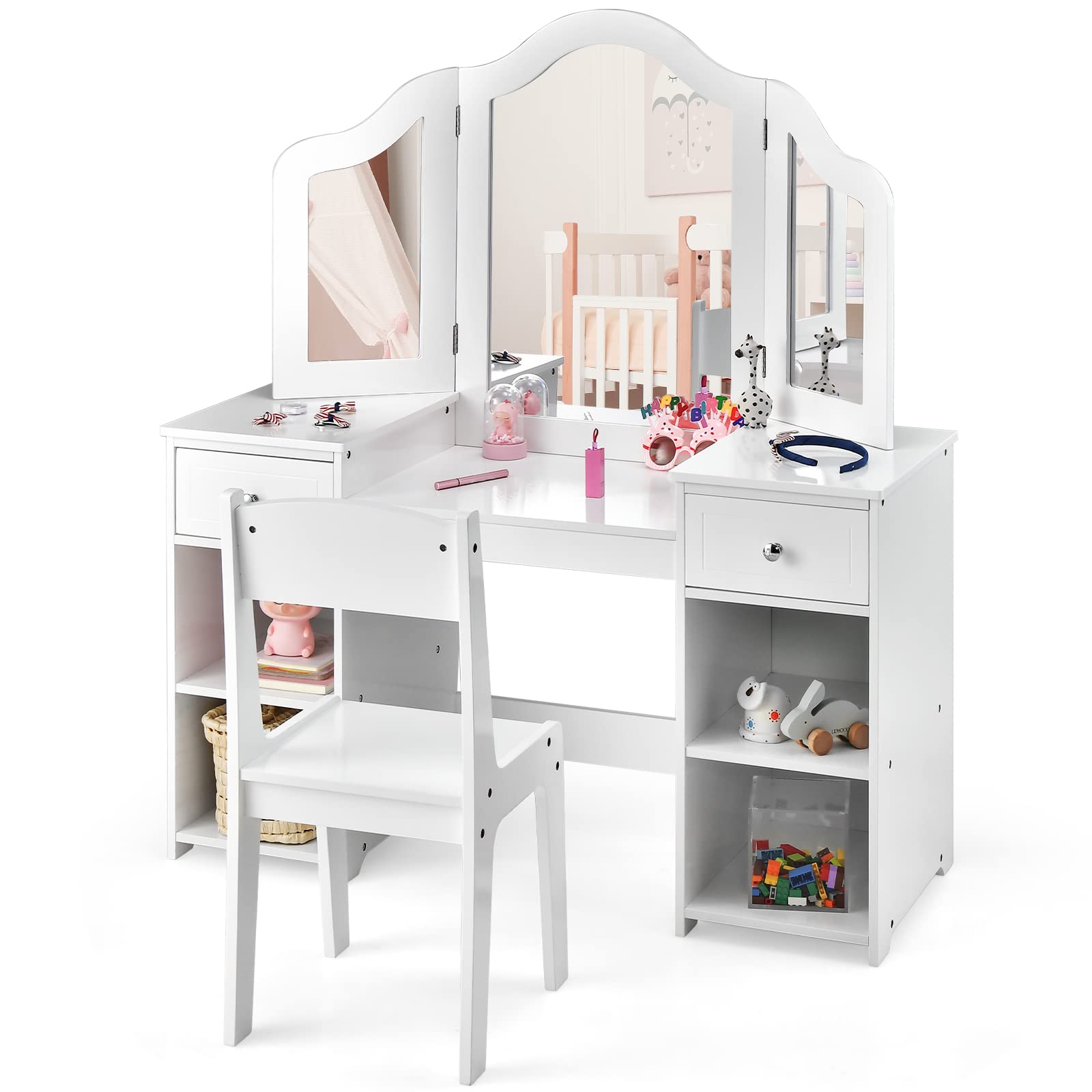 infans kids vanity 2 in 1 princess makeup desk and chair set with drawers tri-folding detachable mirror large storage shelves wooden dressing table pretend play vanity set for toddler girls