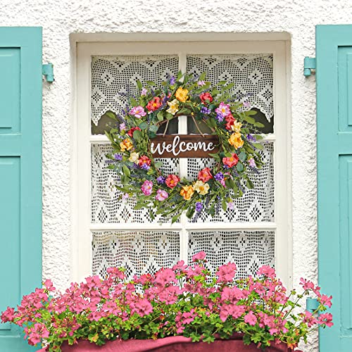 Houele Spring Summer Wreath 22" Artificial Daisy And Lavender Wreath With Welcome Sign Fake Wild Flower Wreath For Front Door Fireplace Window Wall Festival Farmhouse Home Decor #TOP4