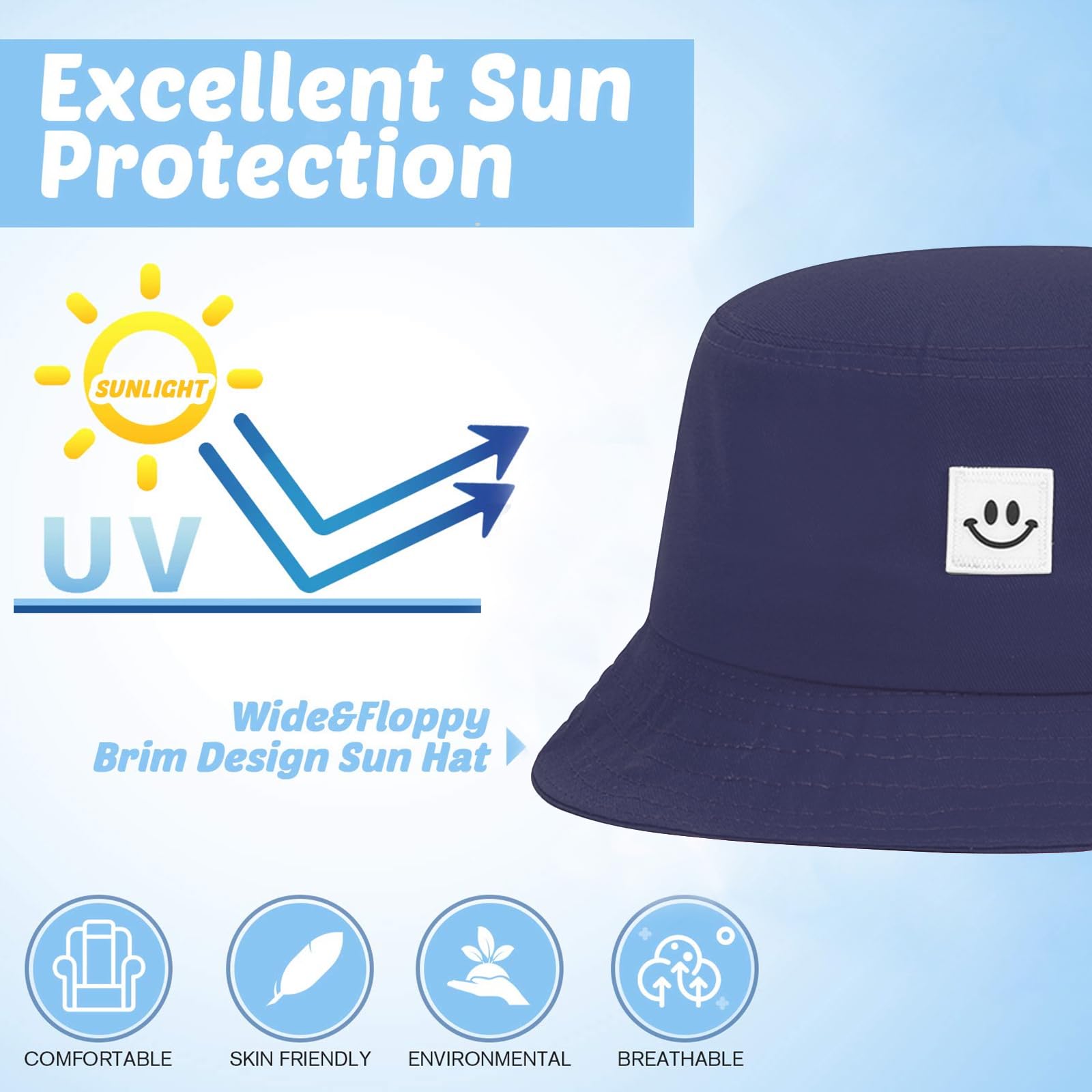 Kinder-Sonnenhut, lächelndes Gesicht, Fischerhut für Mädchen und Jungen, Sommer-Sonnenschutz, Baumwolle, Unisex, Strandkappe