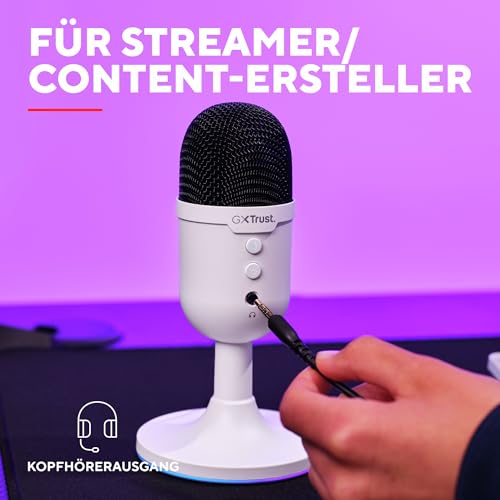 Trust Gaming GXT 236W Yami USB Streaming Mikrofon PC Podcast Twitch Discord ASMR YouTube 5, Kondensator Gaming Mikrofon Nierencharakteristik, Stummschaltung, RGB Beleuchtung - Weiß – Bild 5