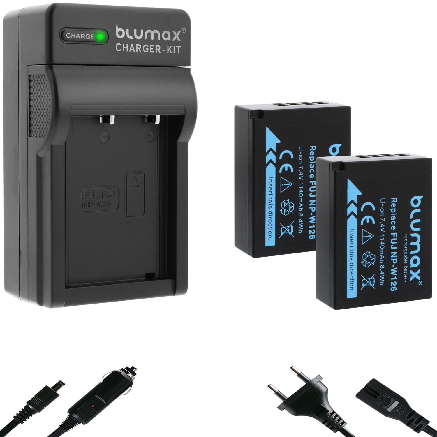 Blumax - Batería compatible con Fujifilm NP-W126s (1140 mAh) + cargador Fuji NP-W126 para X-A1 X-A7 X-E5 X-H1 X-M5 / X-Pro3 X-S10 X-T3 X-T30 III X-T200