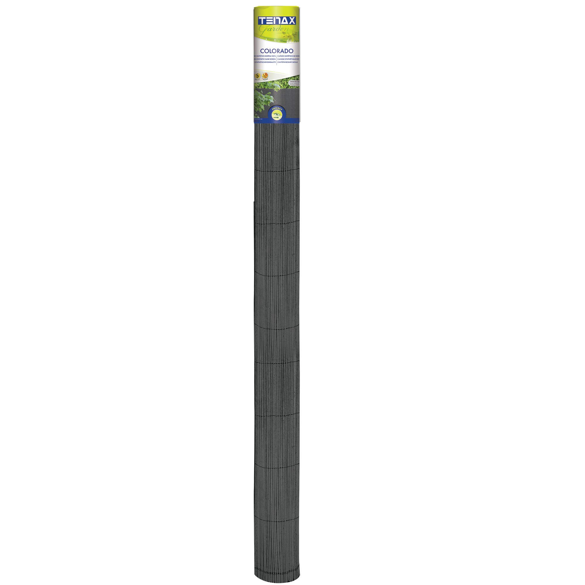 TENAX Colorado 1,50 x 5 m Gris, Canisse Synthétique en PVC avec Cannes Entières de 7 mm, Brise-Vue pour Jardins, Balcons et Clôtures