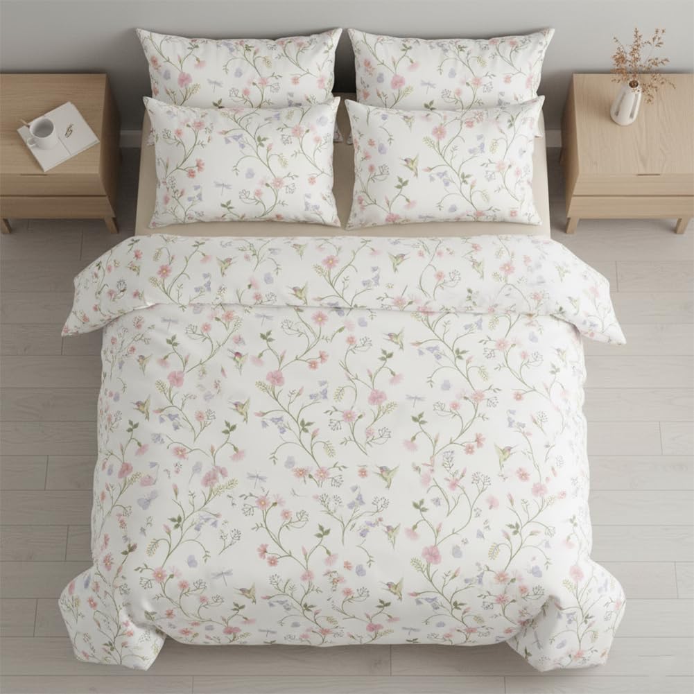 Nayoroom Bettwäsche 135x200 Weiß Rosa Blumen Blätter Bettbezug Botanisch Frühling ÖKO-TEX Microfaser Geblümt Bettwäsche-Sets 135 x 200 und Kissenbezug 80x80 cm mit Reißverschluss