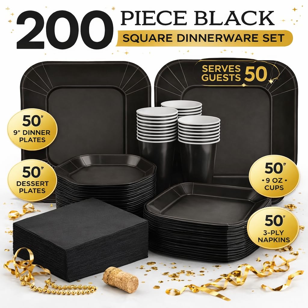 Serviert 50 komplette Party-Pappteller, quadratisch, 22,9 cm, quadratische Pappteller, 17,8 cm, Dessert-Pappteller, 266 ml, 3-lagige Servietten