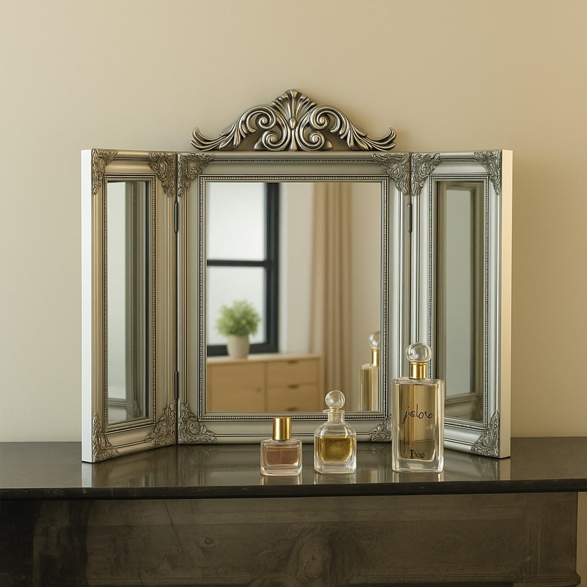 Melody Maison Ornate Silver Dressing Table Triple Mirror