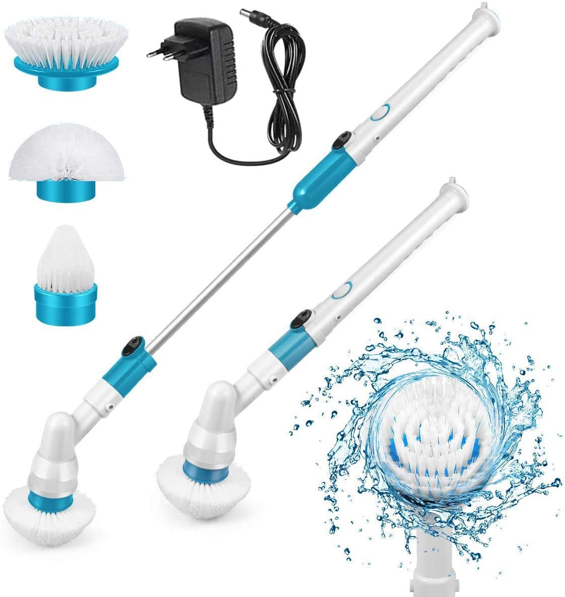 TERRIFI Power Shower Scrubber, Electric Spin Scrubber with 3 Rotating Brush Heads, Rechargeable, Adjustable Extension Handle, Cordless Cleaning Brush for Bathroom Tub, Floor