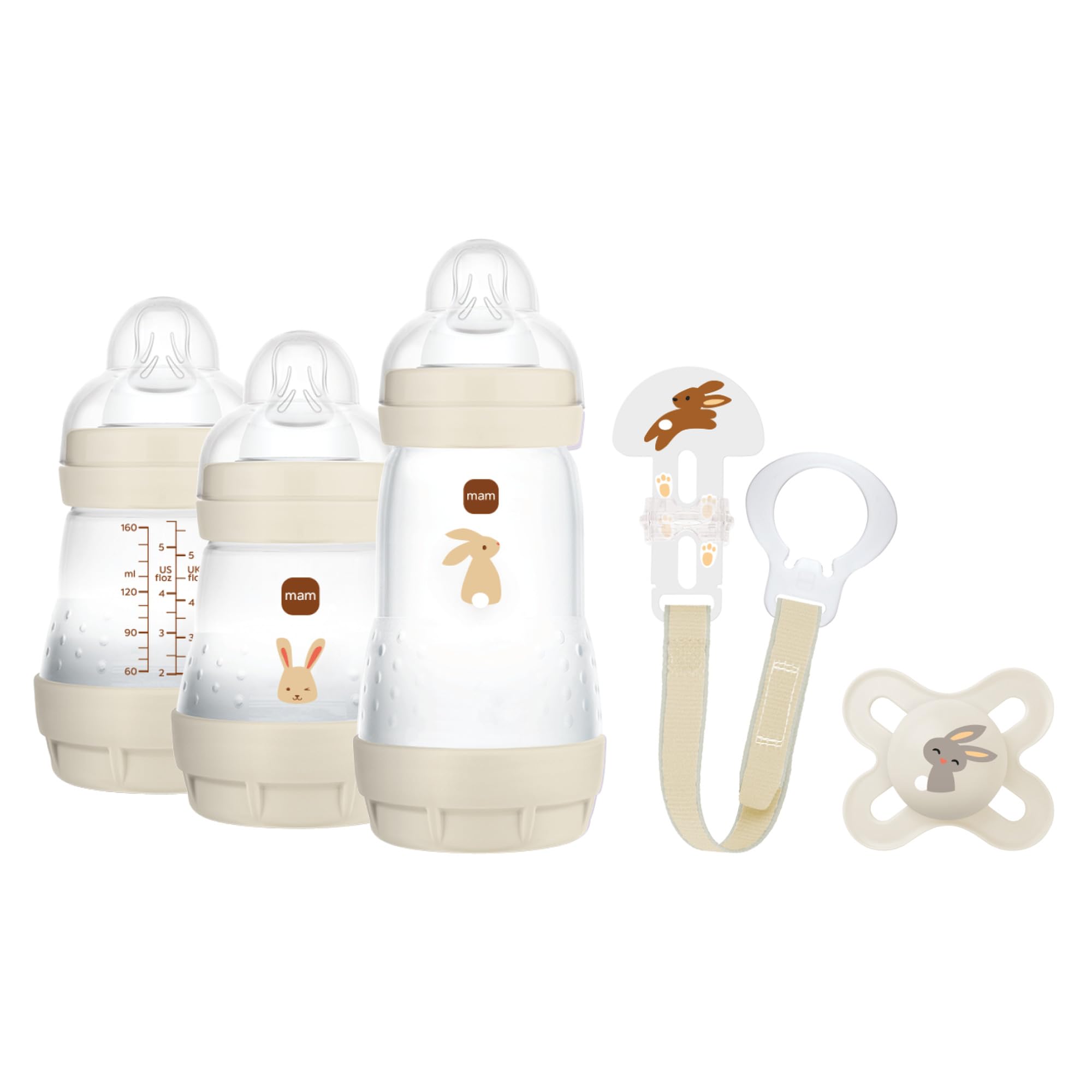 MAM Set de Recién Nacido, Set Regalo, Incluye: 2 Biberones Anticólico de 160ml, 1 Biberón Anticólico de 260ml, 1 Chupete Original Start, 1 Broche para Chupetes, a partir de 0 meses, Neutro