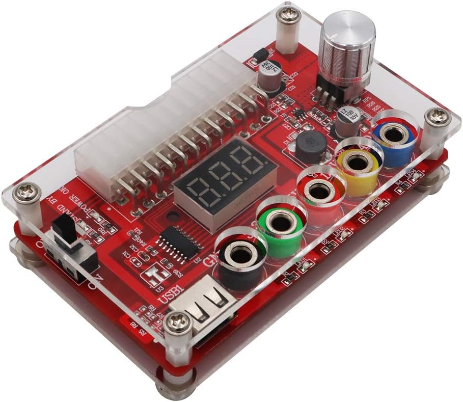 New Version ATX Power Supply Breakout Board and Acrylic Case Kit with ADJ Adjustable Voltage Knob, Supports 3.3V, 5V, 12V and 1.8V-10.8V (ADJ) Output Voltage, 3A Maximum Output, Reset Protection