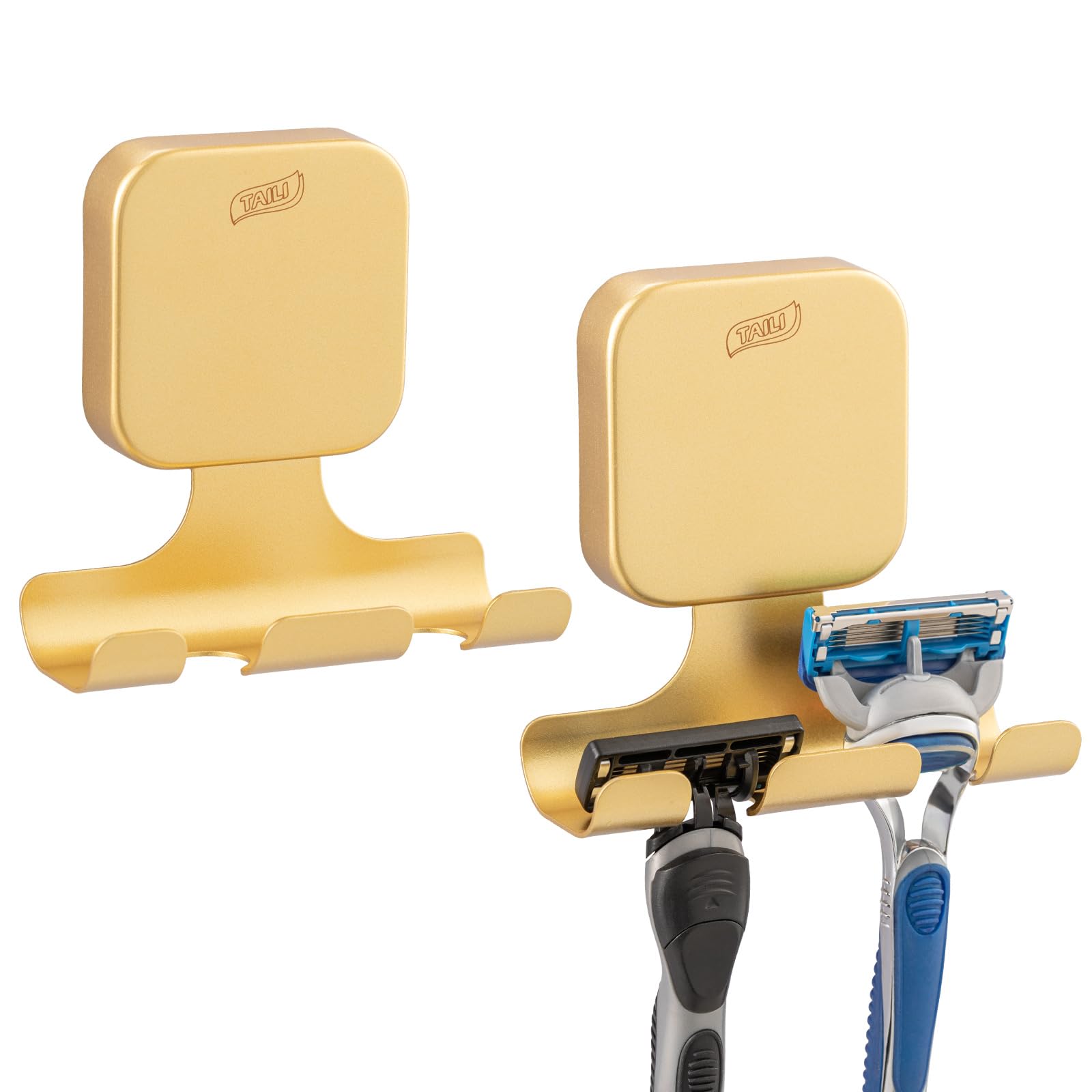 TAILI Ganchos ventosa para maquinilla de afeitar, 2 piezas, Oro cuadrado | Acero inoxidable, multiusos para baño, para toallas y albornoces, sin taladro, reutilizables y resistentes