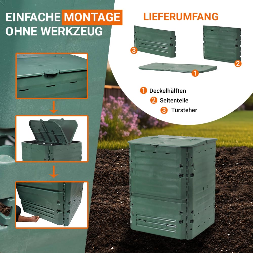 GARANTIA Thermo-King Komposter 600 Liter grün - für Gartenabfall mit isolierten Wänden - leichte Montage ohne Werkzeug - Deckelarretierung und Luftzirkulation aus Recyclingkunststoff für draußen