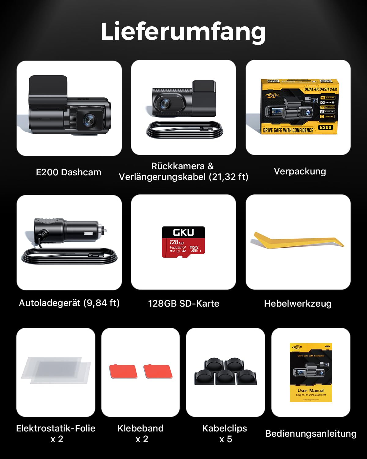 GKU 4K+4K Dashcam Auto Vorne Hinten mit STARVIS 2 Sensor, HDR Nachtsicht