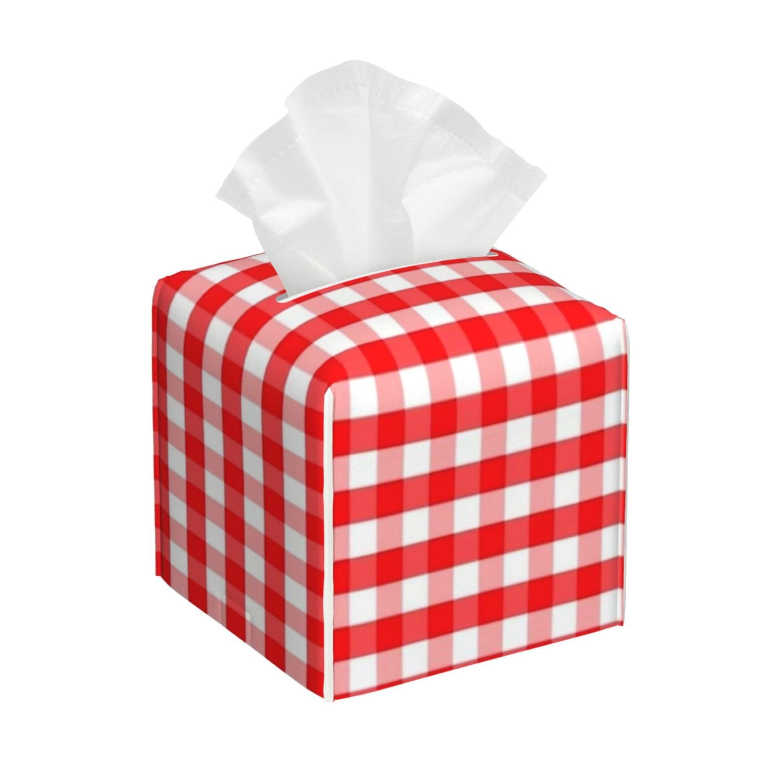 Christmas Red Gingham Check Plaid Pattern Tissue Box Cover 5" Square Leather Tissue Holder Facial Tissue Case for Tabletop Bedroom Bathroom Desk Decor