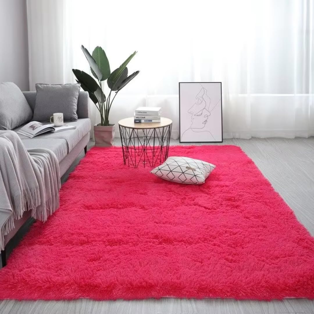 Pluszowy dywan odpowiedni do salonu, biały, miękki, puszysty dywan do sypialni, łazienki, gruba mata podłogowa, dekoracja pokoju młodzieżowego (160 x 200 cm, 63 x 78 cali, różowo-czerwony)
