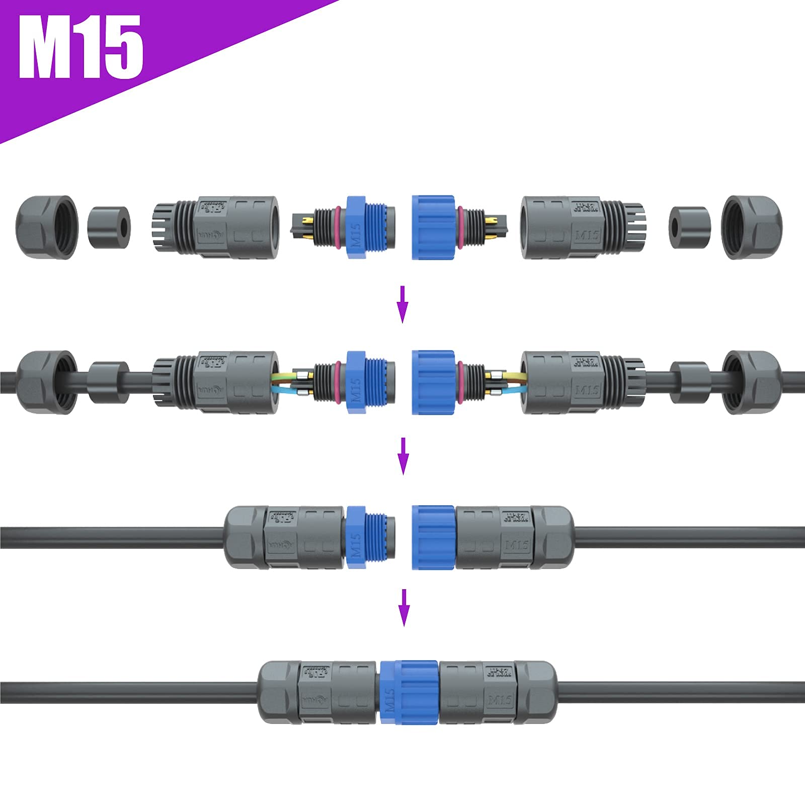 【箱付き】Addin Connector 2 AOHUA M15 Waterproof Connector (5-Pack) - IP68 Junction Box, 2-Pin