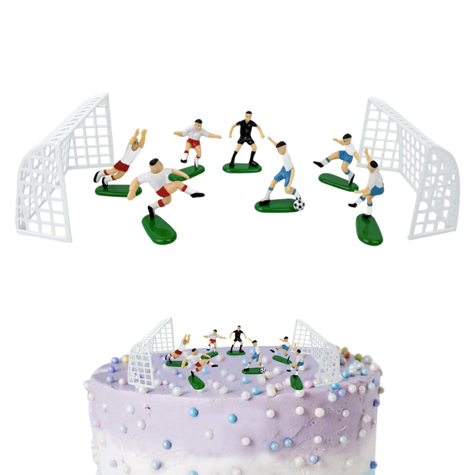 Football Cake Toppers Set 10 Pcs - White Team Soccer Cake Decorations for Boys Men Birthday, Sports Themed Party Cupcake Toppers & Cake Plugins, Reusable Football Pitch Decorations for Kids