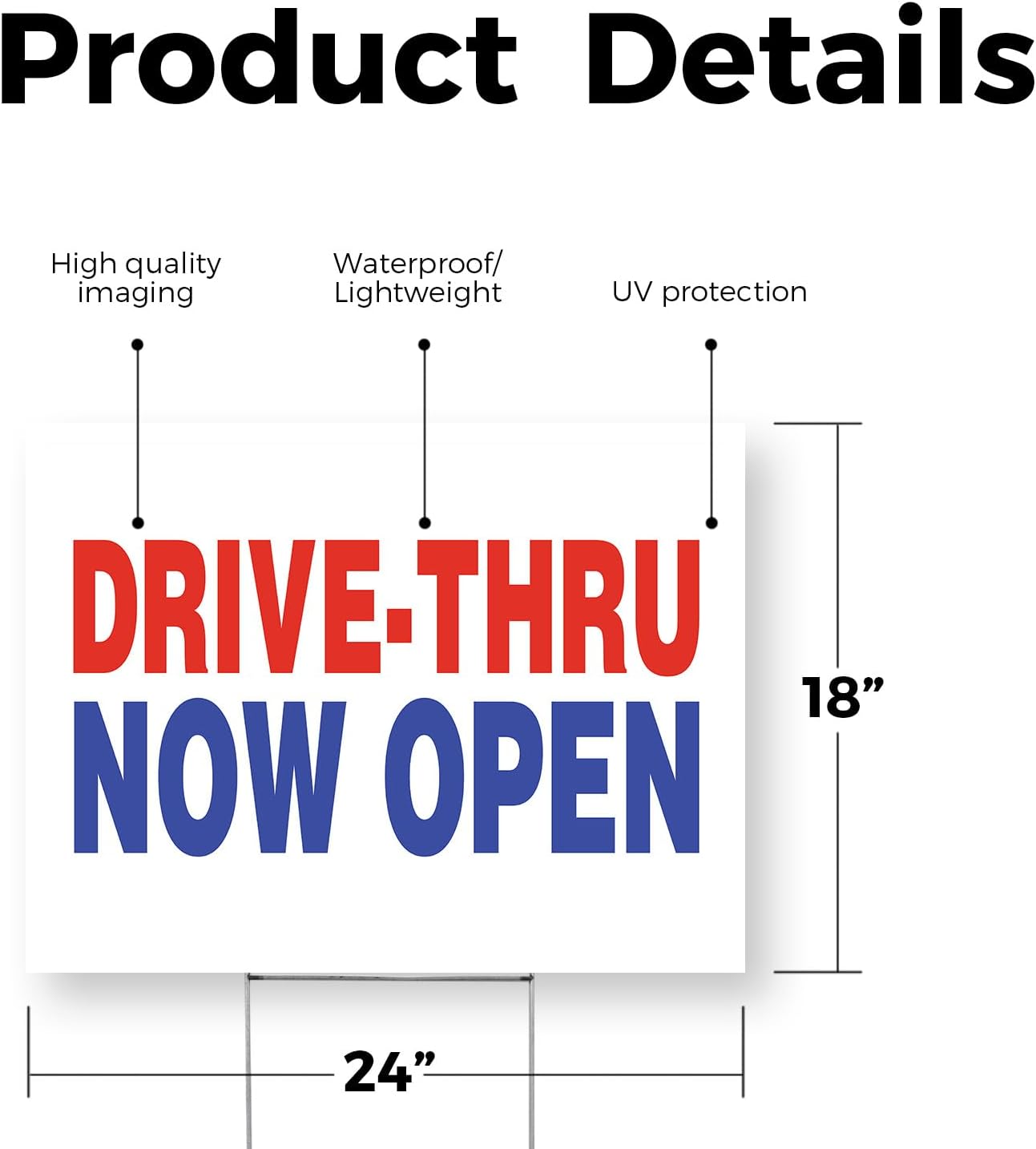 Drive Thru Now Open Yard Sign 18 Inch x 24 Inch Double Sided Weatherproof Heavy-Duty Plastic with Stake | Convenient Service, Restaurant Promotions, New Locations | Made in USA