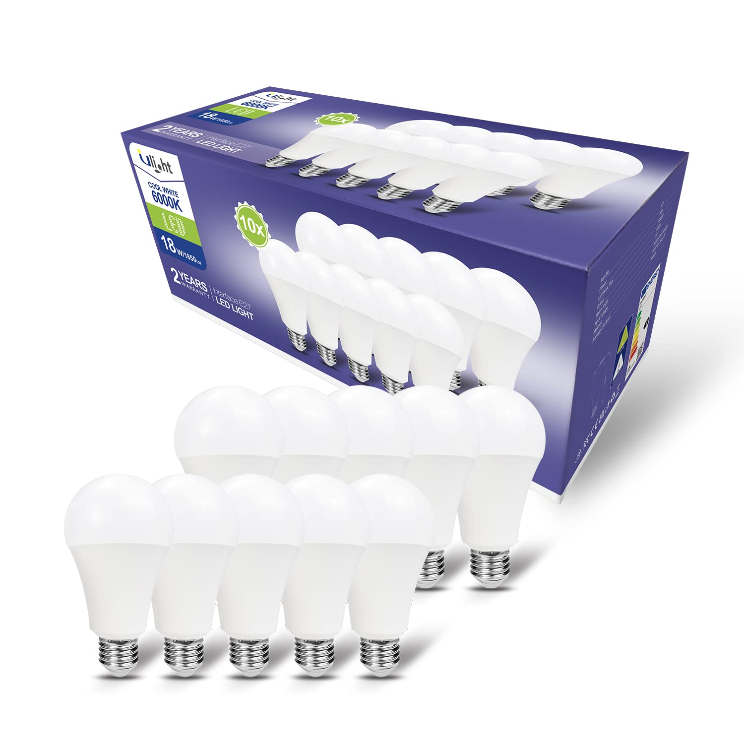 ULIGHT Lampadina LED A70 a Goccia da 18W, Equivalente Incandescente da 150W, Luce Fredda 6000K, 1850lm, Fascio Luce 170°, 220-240V Attacco E27, Confezione da 10