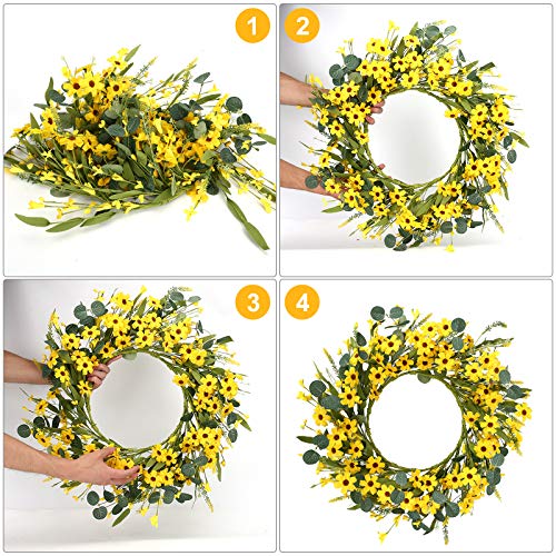 Artificial Yellow Daisy Wreath,Floral Wreath With Green Eucalyptus Leaves And Wildflowers Spring And Summer Wreath For Front Door Wall Window Decor-20In #TOP3