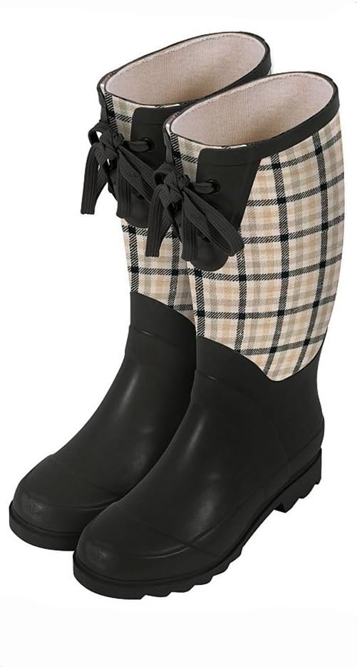 Laura Ashley 3A074499 Contemporary Wellington Waterproof Boot, Mitford Check Charcoal Biscuit, Size 10.5