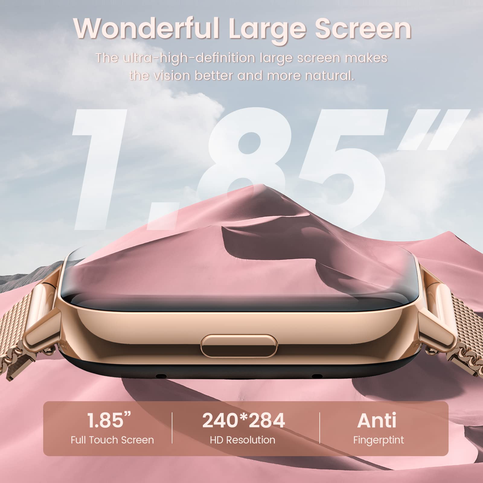 SWGOTA Smartwatch Donna Chiamate Bluetooth 5.2, 1.85" HD Smart Watch Orologio con Cardiofrequenzimetro SpO2 Sonno Fisiologia Femminile IP68 Notifiche Messaggi 18 modalità Sportive iOS Android Oro Rosa
