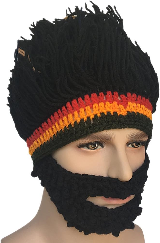 Kafeimali Barbarian Knit Bearded Hats Wig Mask Original Foldaway Funny Caps