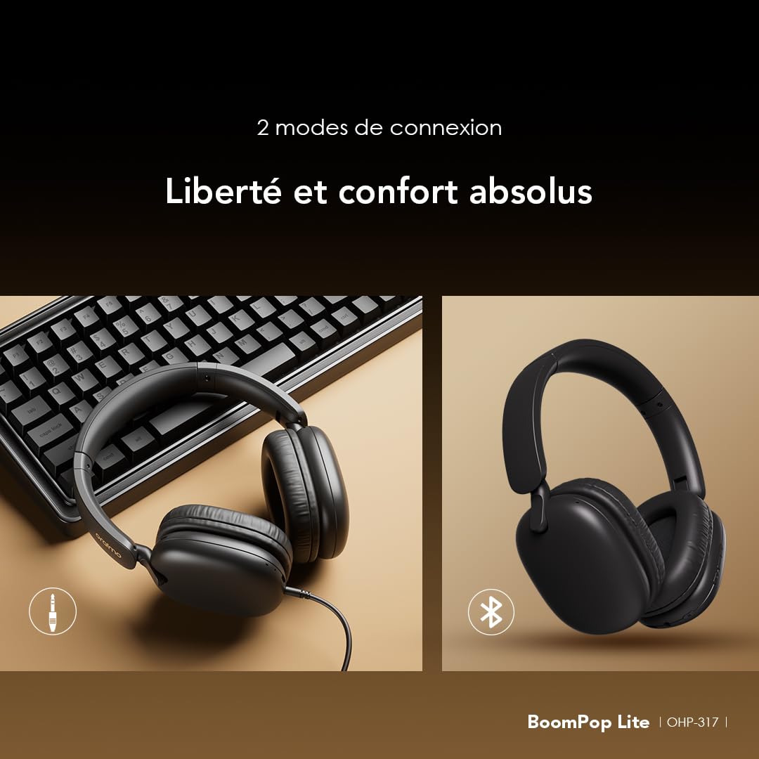 Oraimo BoomPop Lite Casque Bluetooth sans Fil, 65 h d'autonomie, Charge Rapide 10 Min = 10 h, Son Spatial Sound360, Micro ENC, Mode Jeu, Pliable, Bluetooth 5.3 + Jack 3,5 mm, USB-C